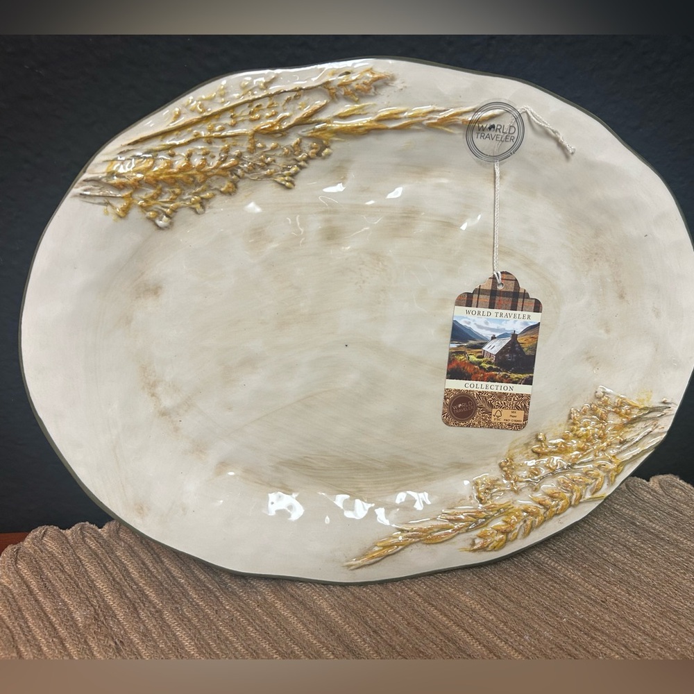 Large Ceramic Serving Platter with hand painted raised Wheat accents new